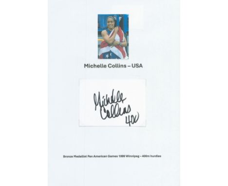 Athletics Michelle Collins signed 4x3 inch white card affixed to A4 photo sheet. Good condition. All autographs come with a C