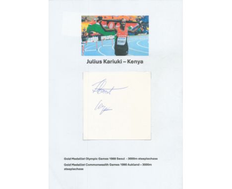 Athletics Julius Kariuki signed 4x4 inch white card affixed to A4 photo sheet. Good condition. All autographs come with a Cer