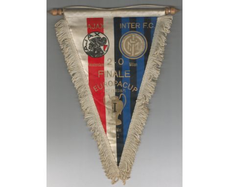 Football Vintage AJAX Inter F.C. Amsterdam Football small pennant, Amsterdam 2 Milan 0. Finale Europa Cup Rotterdam May 31, 1