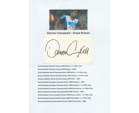 Athletics Darren Campbell signed 6x4 inch white card affixed to A4 sheet. Good condition. All autographs come with a Certific