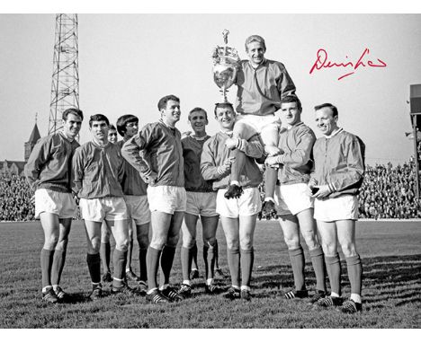 Autographed DENIS LAW 16 x 12 Photo : B/W, depicting a wonderful image showing Man United's David Herd and Bill Foulkes chair