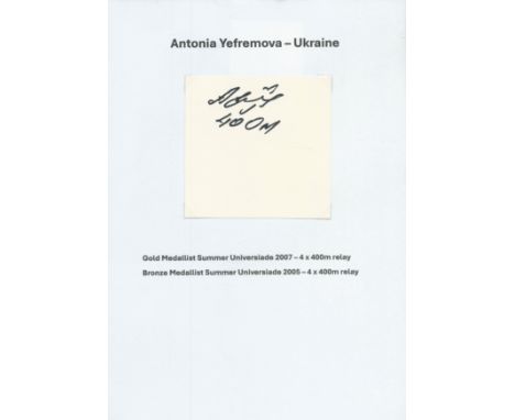 Athletics Antonia Yefremova signed 4x4 inch white card affixed to A4 sheet. Good condition. All autographs come with a Certif