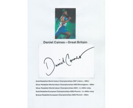 Athletics Daniel Caines signed 6x4 inch white card affixed to A4 sheet. Good condition. All autographs come with a Certificat