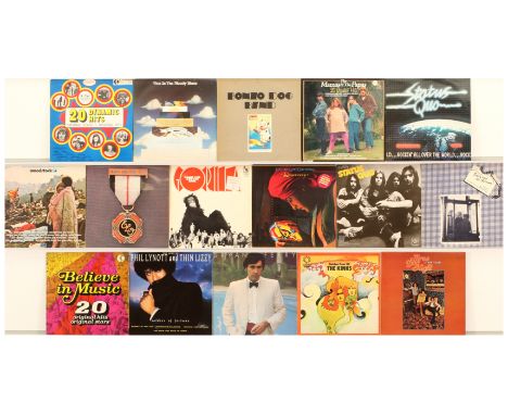 1970's Rock LPs. Includes albums by ELO, Thin Lizzy, The Moody Blues, Status Quo, and Woodstock compilation. Overall conditio