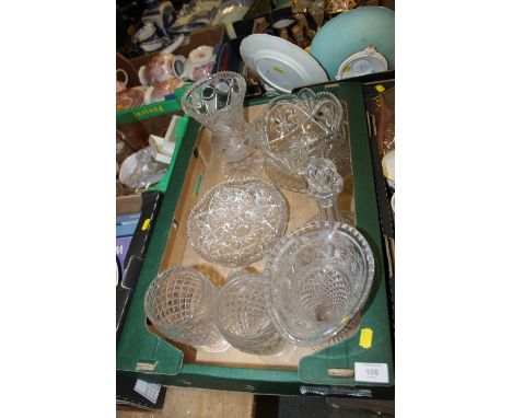 A TRAY OF CUT GLASS TO INCLUDE A DECANTER