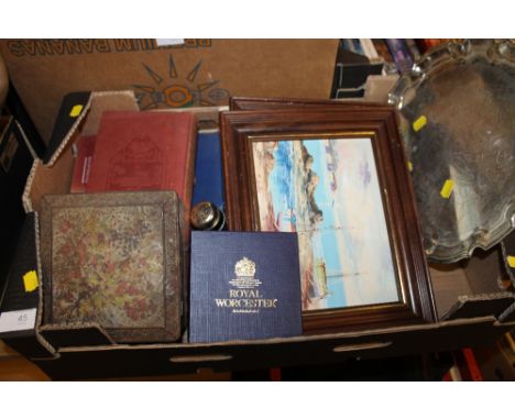 A TRAY OF SUNDRIES TO INCLUDE A ROYAL WORCESTER PIN DISH, OIL PAINTINGS ETC