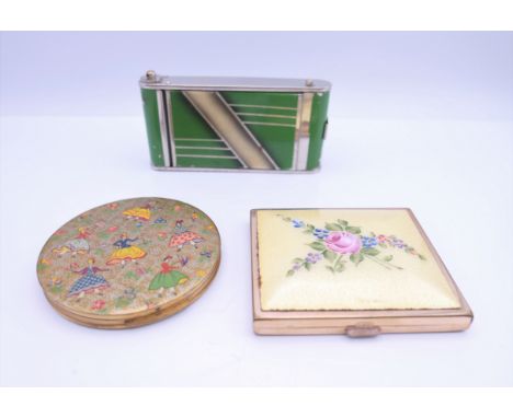 Three vintage compacts. Green Art Deco style compact 10.5 x 5 cm.