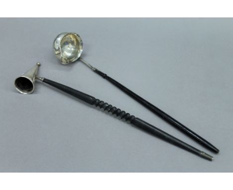 A silver candle snuffer and a Georgian unmarked toddy ladle. The former 34.5 cm long. 
