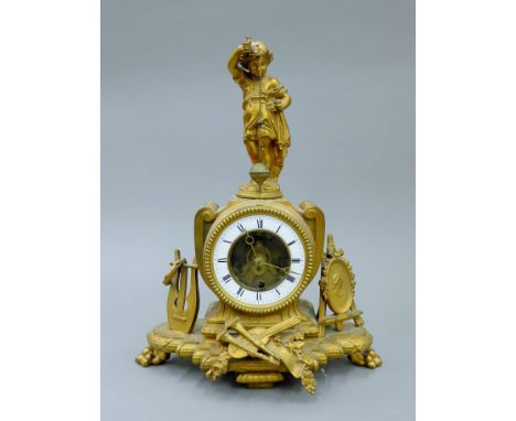 A 19th century French gilt spelter novelty mantel clock. 34.5 cm high.