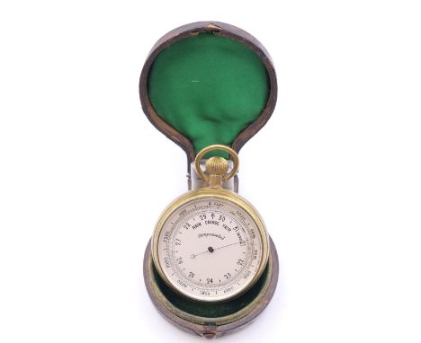 A vintage compensated pocket barometer in original leather case. 5 cm diameter.