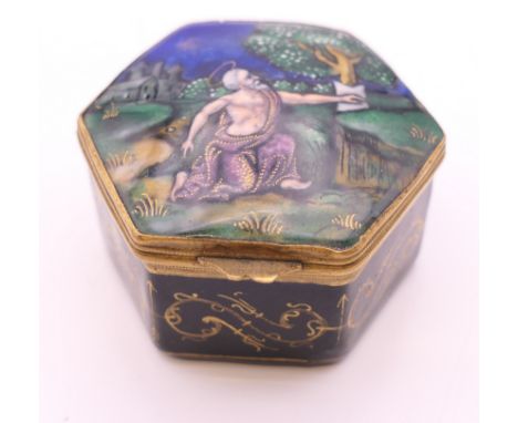 A Limoges enamel hexagonal shaped patch box.  4.5 cm wide, 2.5 cm high.