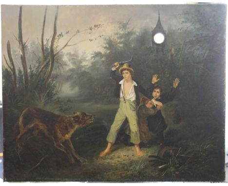 A 19th century gilt framed picture clock, the oil on canvas depicting a Wolf Attacking Children Before a Clock Tower. 100 x 8