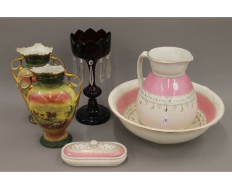 A quantity of Victorian items, including a ruby table lustre with cut glass droplets, a 19th century wash set with basin jug 