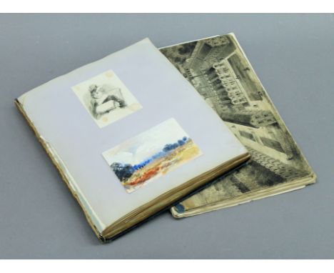 A Victorian album of watercolours, photographs, scraps, some manuscript pages relating to painting recipes for paint, etc. an