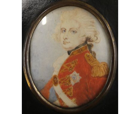 A late 18th/early 19th century miniature portrait on ivory of George IV, framed and glazed. 11 x 13 cm overall.