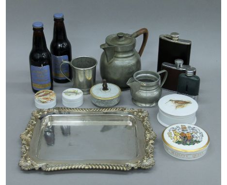 A quantity of miscellaneous, including a plated cheese board, hip flask, etc.