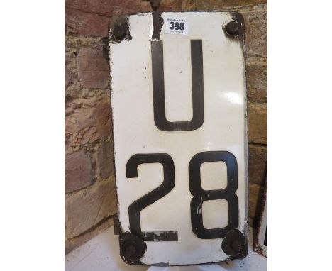 An enamel railway signal identification sign 'U28' with mounting brackets - Height 36cm 