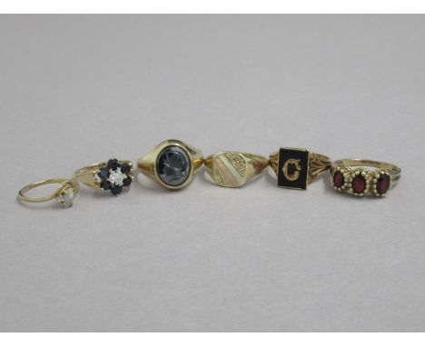 Six 9ct hallmarked rings, various sizes including opal and garnets 