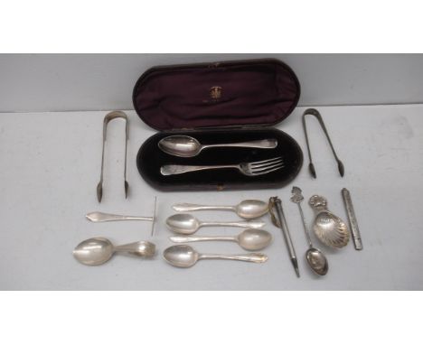 Silver spoons etc including Christening set and caddy spoon - total weight approx 9 troy oz 