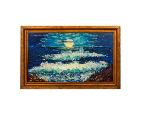 Beautiful oil on canvas painting of a seascape by artist Martina made in an Impressionist style. The artist depicted the sun 