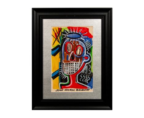 Mixed media drawing on ivory paper made with black color marker and bold colored oil sticks attributed to Pop Expressionist a