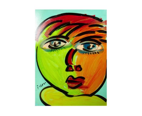 Contemporary abstract portrait in bright colors. Signed lower left. Measures 48" x 32". Unframed. Provenance: Purchased perso