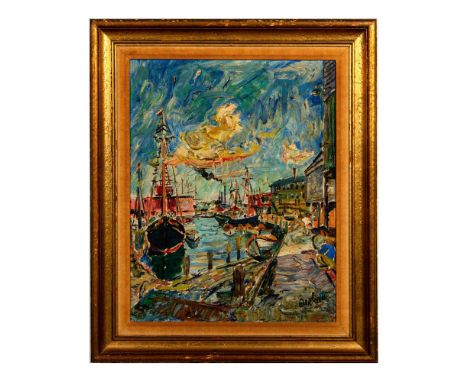 Magnificent portrait view canvas depicting a harbor scene with boats in a daytime setting. Housed in a gilt frame. Signed by 