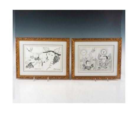 Set of two pencil drawings on paper made in a Surrealist style reminiscent of the book covers by Sci-Fi illustrator Jan Estev