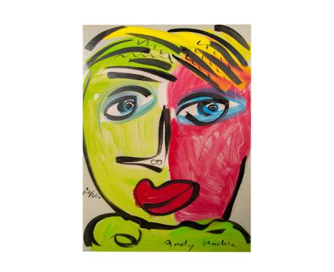 Contemporary abstract portrait of Andy Warhol. Signed lower left. Measures 48" x 32". Unframed. Provenance: Purchased persona