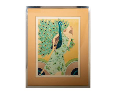 Beautiful color lithograph by fashion critic and artist Mr. Blackwell that represents an Art Nouveau inspired female figure h