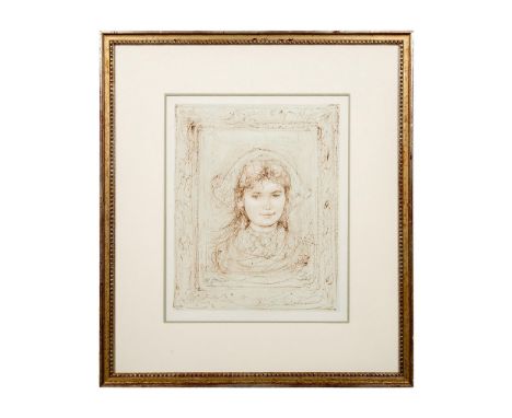 Sanguine on light blue Rives paper lithograph depicting young Baroness Johanna-Marijk. American artist Edna Hibel drew with c