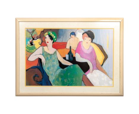 Color offset lithograph by Post Impressionist artist Itzchak Tarkay entitled In The Lounge that represents four women in warm