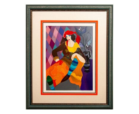 Color serigraph on paper by Post Impressionist artist Itzchak Tarkay that depicts a Gitana wearing a red headscarf, orange to