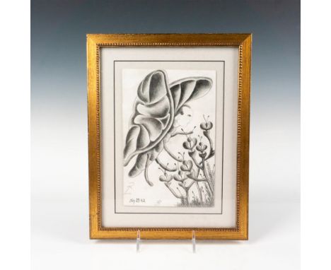 Portrait drawing on paper in a Surrealist style that represents the profile of a male with the body and wings of a moth. The 