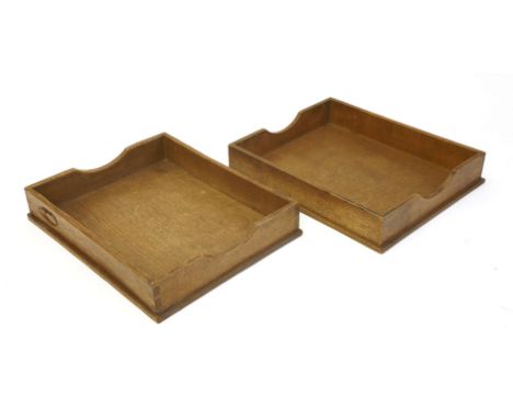 A Robert 'Mouseman' Thompson oak paper tray, with mouse signature to the side, 32.5cm wide 41cm deep, and another tray, unsig