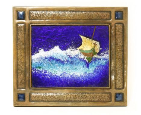 An Arts and Crafts copper-mounted enamel plaque, the panel depicting a Viking boat breaking through waves, with cabochon pane