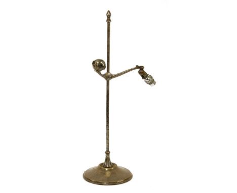 An Arts and Crafts silver-plated table lamp,designed by W A S Benson, with a rise and fall stand, with a hinged light, stampe