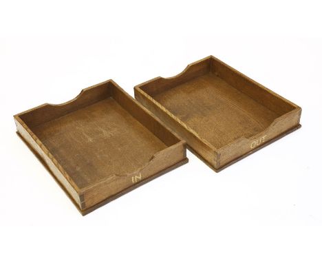 Two Robert ‘Mouseman’ Thompson oak trays, one inscribed 'In', the other inscribed 'Out', unsigned,  32.5cm wide 40cm deep 6.5