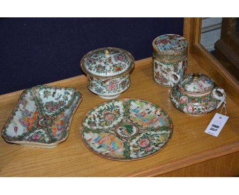 Five pieces of Canton famille rose pottery, to include sucrier, jar with cover, dish and a plate (5) CONDITION REPORT: Lot 20