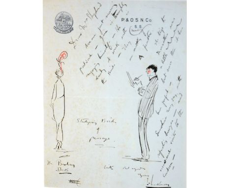 Lance Thackeray (1869-1916)
'Studying Birds - The Bombay Ducks'
Ink sketch, signed lower right, 17.5 x 22cm, together with le