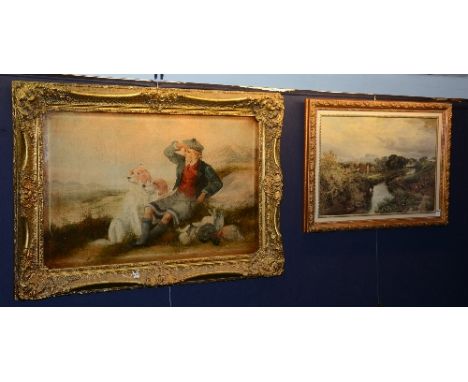 Unknown Artist
'Young Scotsman with Dogs & Game'
Canvas print in gilt frame, 89 x 59cm, together with Sam Bough oleograph of 