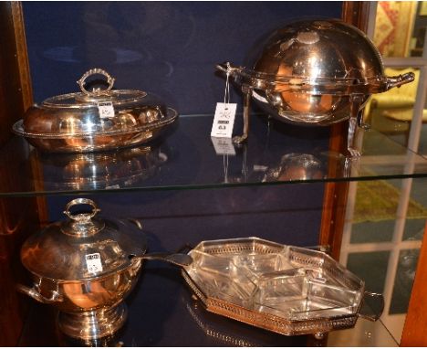 A mixed lot of plated wares, comprising of revolving breakfast dish engraved 1909, tureen with ladle, hors d'oeuvres dish wit