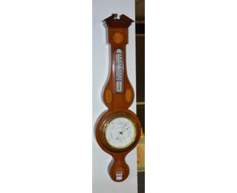 A Negreti and Zambra banjo barometer, with satinwood shell inlay and crossbanding to edges, thermometer to stem, 66cm long