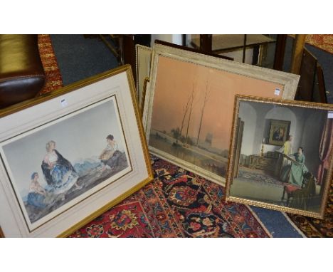 A small quantity of prints, including a signed etching of a Continental mountain landscape, a signed William Russel Flint pri