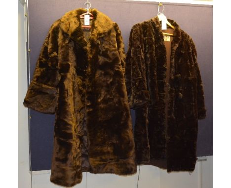 Two three quarter length brown fur coats, one labelled 'Scotch Male British Made', the other 'Alpine Fashion Furs', together 