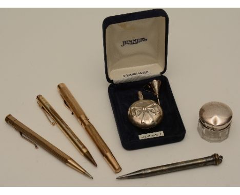 A miniature silver scent bottle, with bow relief decoration and silver funnel, in original Jenners box, together with a Birmi