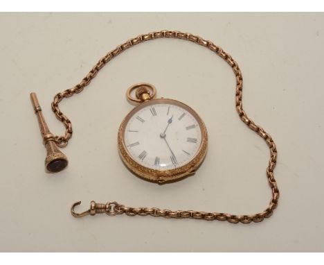 An 18ct gold ladies open faced fob watch, with suspension ring, white enamel dial with Roman numerals, etched foliate decorat