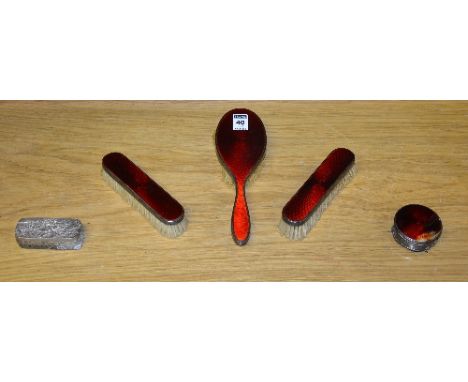 A part silver and red enamel brush set with pill box, hallmarks for Birmingham 1920's-40's, together with a silver cut glass 