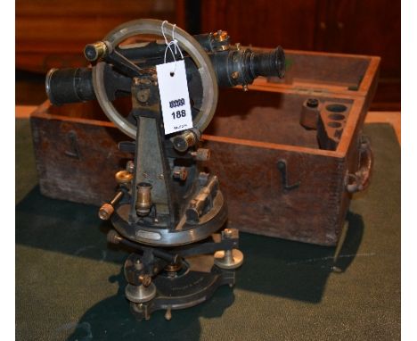 A vintage patent surveyors theodolite by Stanleys of London, no 20429, with fitted wood box, 34cm high (with repaired label f