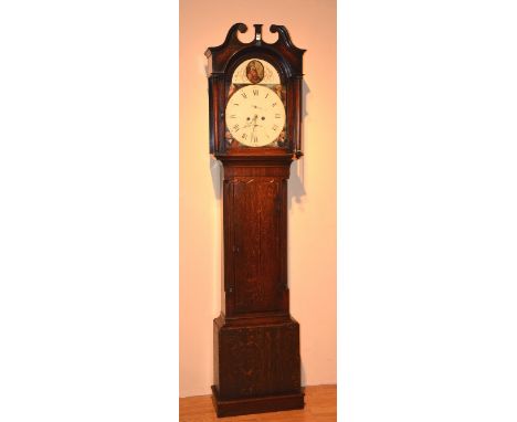 A 19th century oak longcase clock, with broken swan hood enclosing painted dial bearing portrait panels of Britannia, Pitt, A